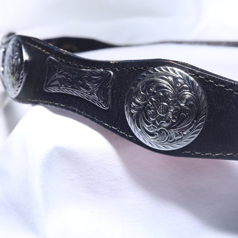 Vintage Black Leather Belt with Silver Concho Medallions